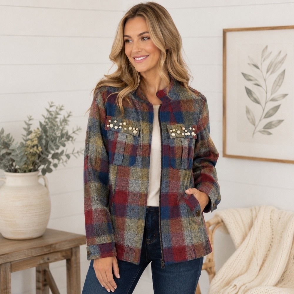 Cabi Plaid Utility Jacket Womens M Multicolor Pearl Embellished Zip Herringbone